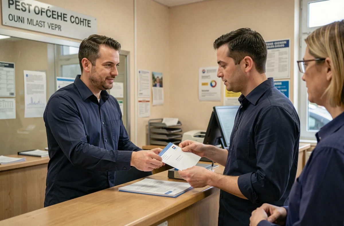 Homme remettant une enveloppe officielle à un guichetier de la poste, scène de dépôt de courrier administratif au bureau de poste