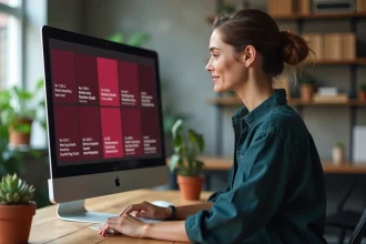 Designer web consultant un guide de couleurs bordeaux en anglais sur un écran d'ordinateur dans un studio moderne