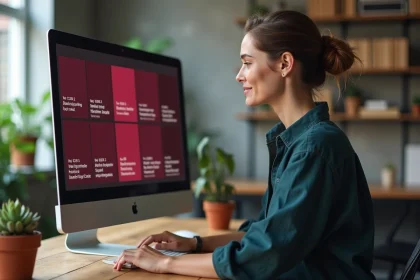 Designer web consultant un guide de couleurs bordeaux en anglais sur un écran d'ordinateur dans un studio moderne