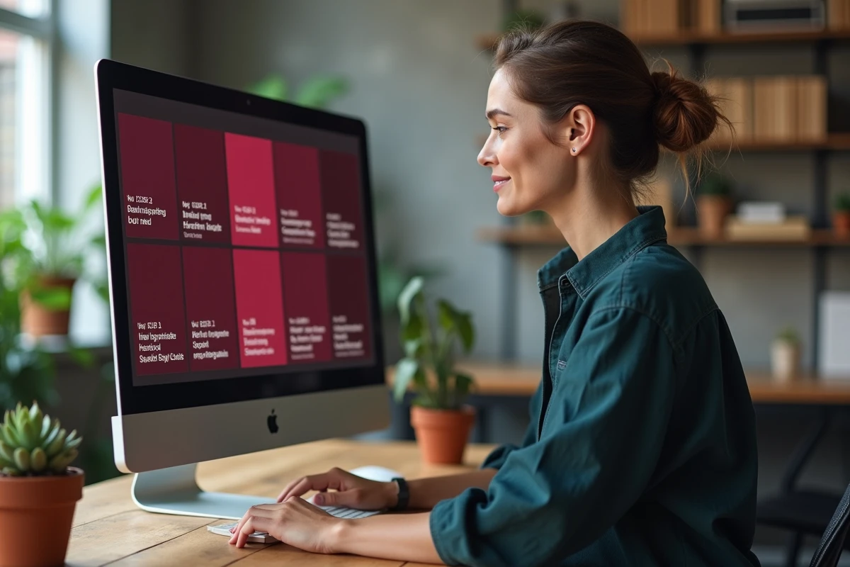 Designer web consultant un guide de couleurs bordeaux en anglais sur un écran d'ordinateur dans un studio moderne