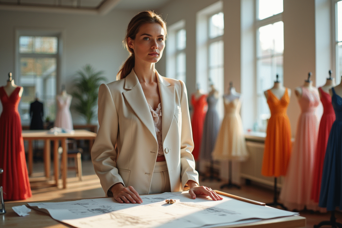 Créateur de mode dans un atelier lumineux et moderne