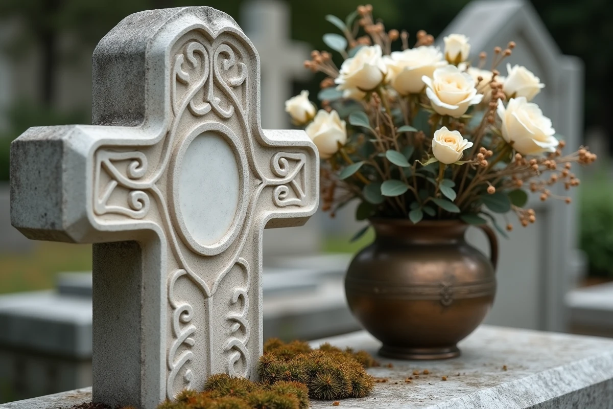 Détail de décoration de pierre tombale avec croix sculptée, médaillon céramique et roses séchées