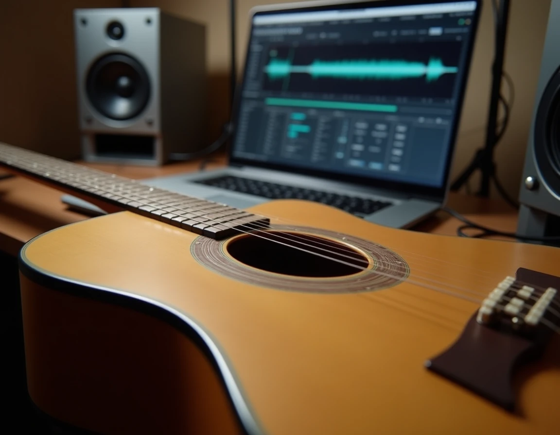 Détail de la table d'harmonie et du préampli intégré d'une guitare acoustique Atlantic posée dans un home studio avec moniteurs audio