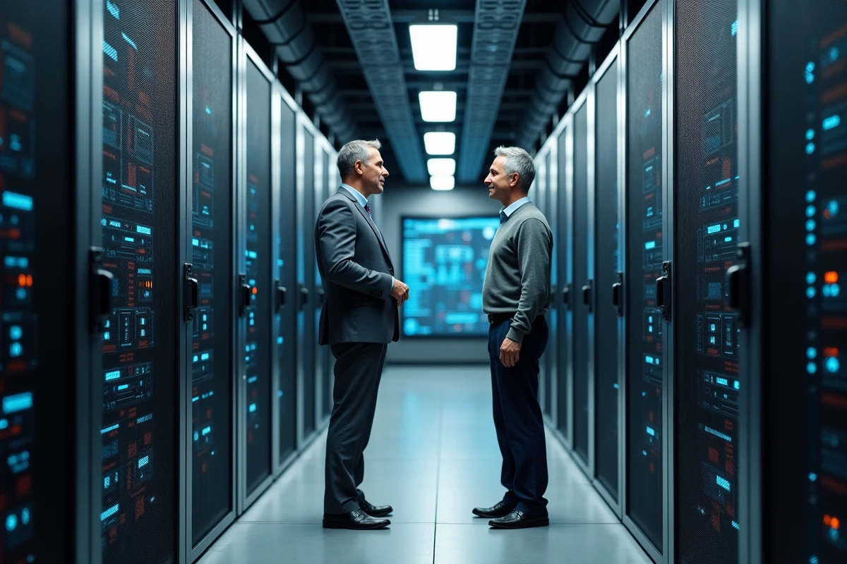 Deux hommes discutant devant un rack de serveurs quantiques