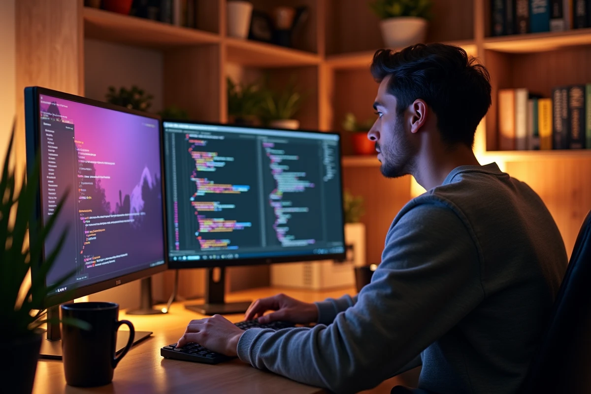 Développeur web travaillant sur des variables CSS avec la couleur bordeaux et ses équivalents anglais sur double écran