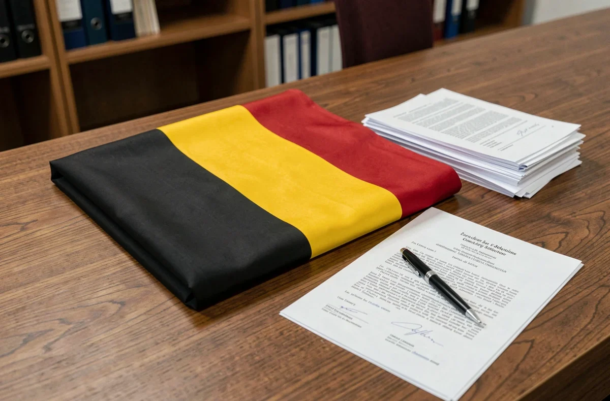 Drapeau belge noir jaune rouge posé sur un bureau administratif avec des documents juridiques, illustration des règles légales en France