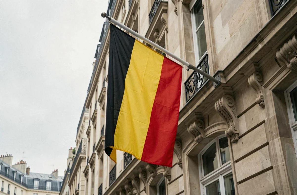 Drapeau belge noir jaune rouge accroché sur une façade haussmannienne à Paris, illustration du cadre légal en France