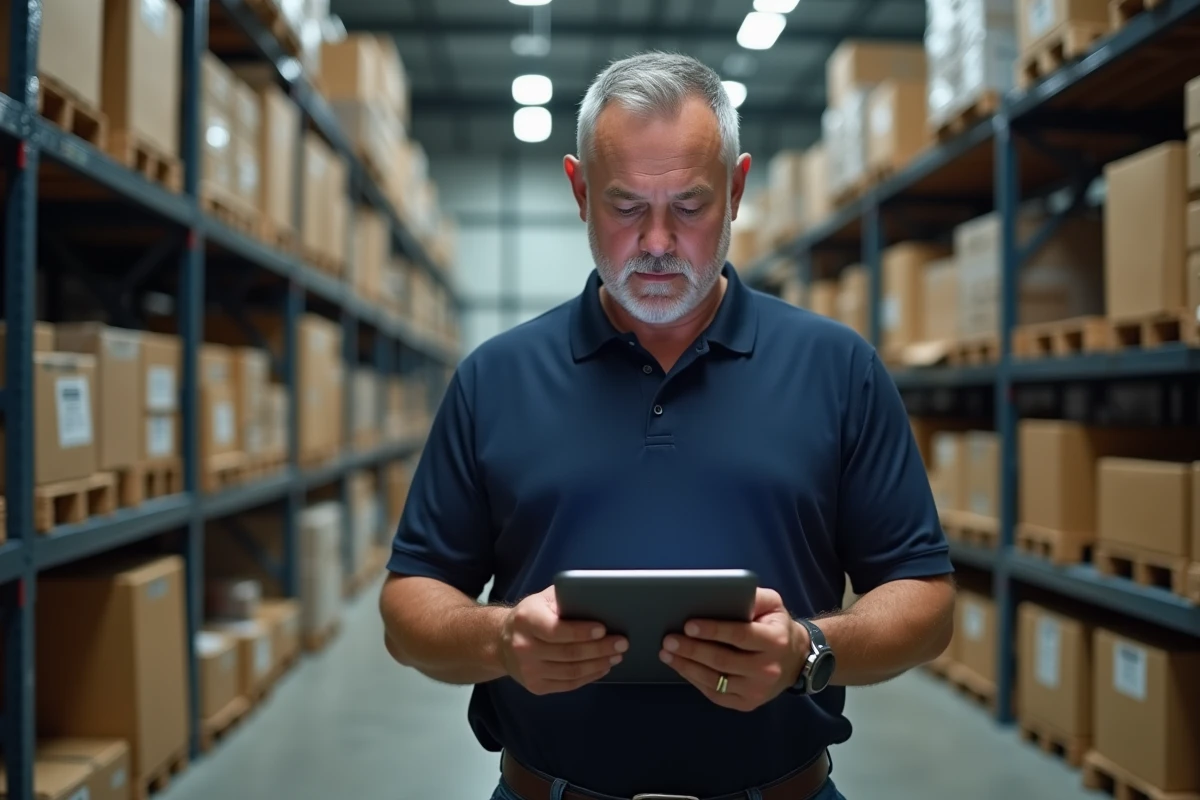 Employé logistique consultant une tablette avec un problème de suivi de colis en entrepôt