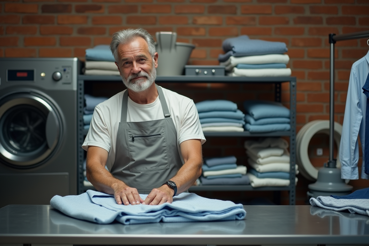 Employe triant un vêtement dans la réserve d