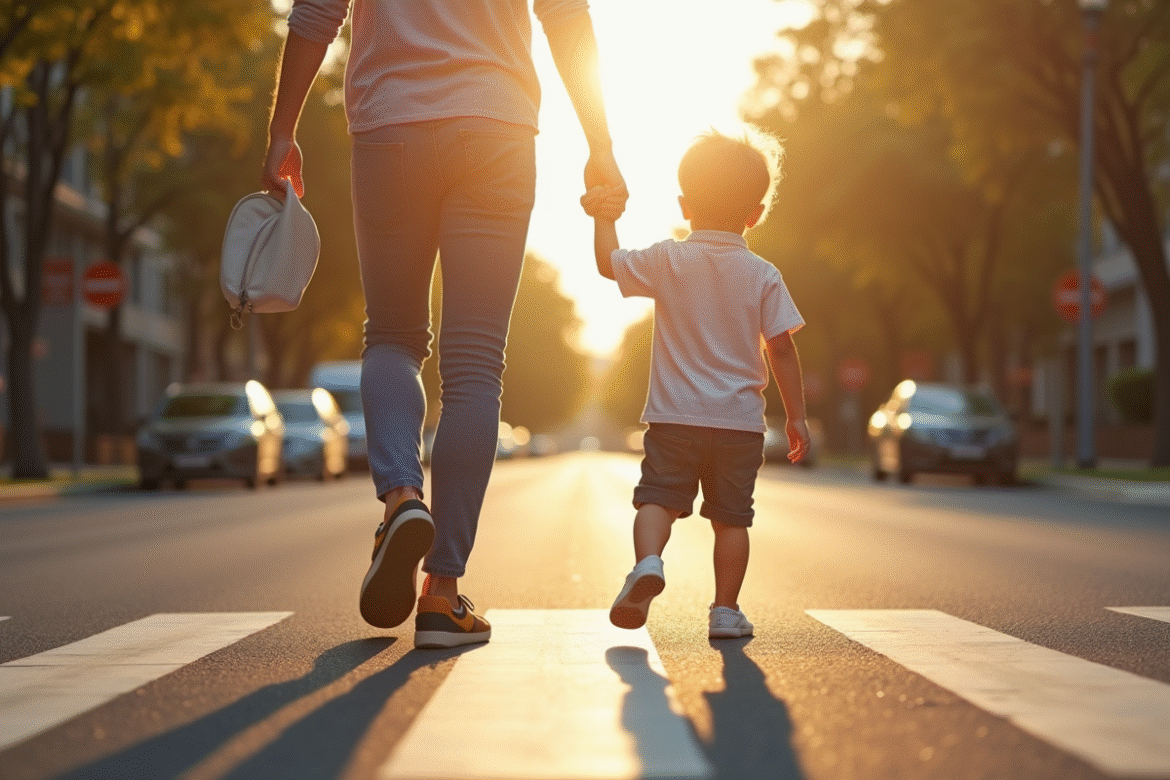 Adulte tenant la main d'un enfant en traversant une rue ensoleillee