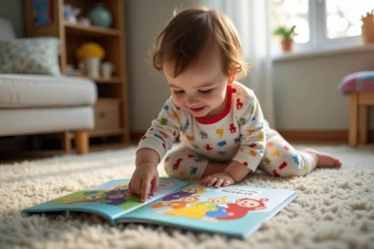 Bébé souriant regardant un livre de Teletubbies