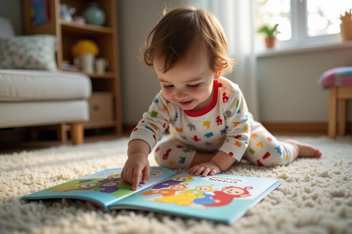Bébé souriant regardant un livre de Teletubbies