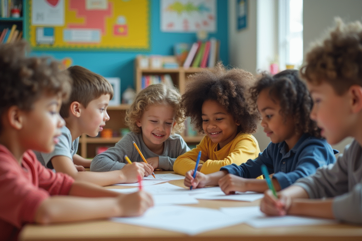 Groupe d'enfants en classe travaillant ensemble