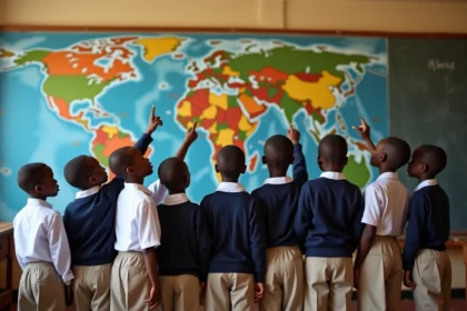 Groupe d'enfants africains devant une carte de l'Afrique à l'école
