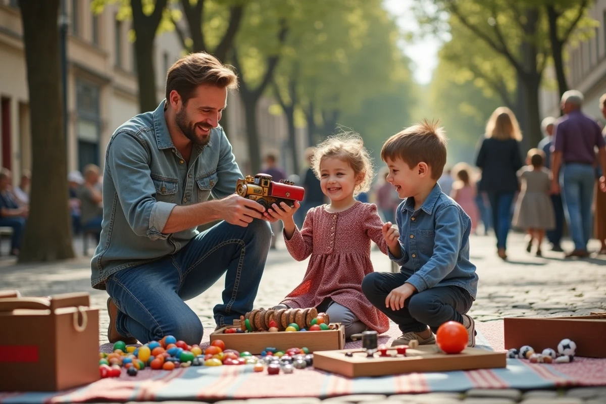 Enfants jouant avec des jouets anciens lors d