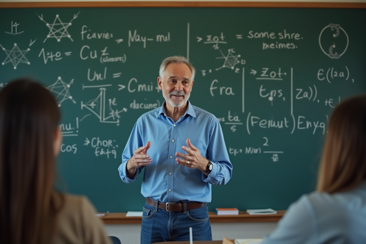 Professeur expliquant la physique quantique devant un tableau