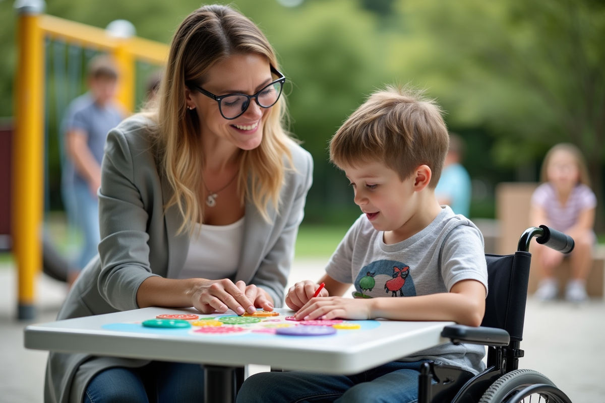 Enseignante et enfant en fauteuil jouant dehors