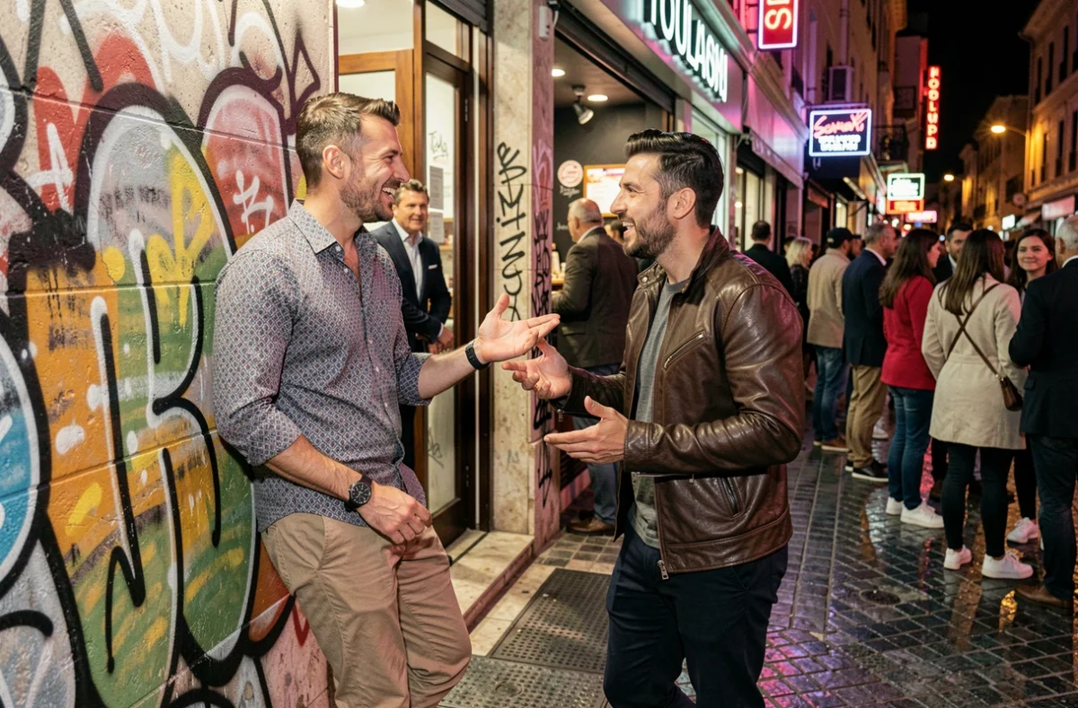 Deux hommes discutant devant l'entrée d'une boîte de nuit à Toulon, ambiance sortie nocturne urbaine
