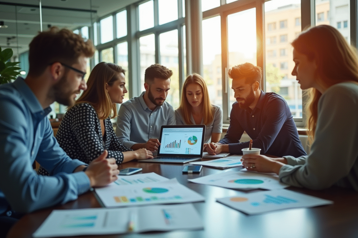Equipe de professionnels collaborant autour d'une table en bureau moderne