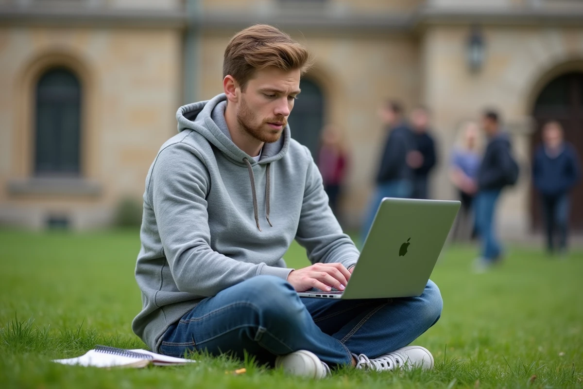 Étudiant universitaire révisant la conjugaison française sur son ordinateur portable en extérieur sur un campus