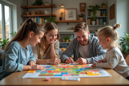 Famille souriante autour de jeux de société dans un salon chaleureux