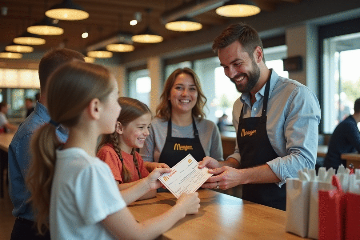Famille heureuse échangeant bons vacances au comptoir McDonald's
