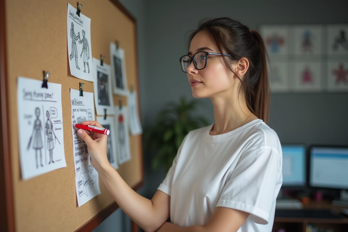 Fan de Dragon Ball Super étudiant les techniques du personnage Hit sur un tableau de recherche fait maison