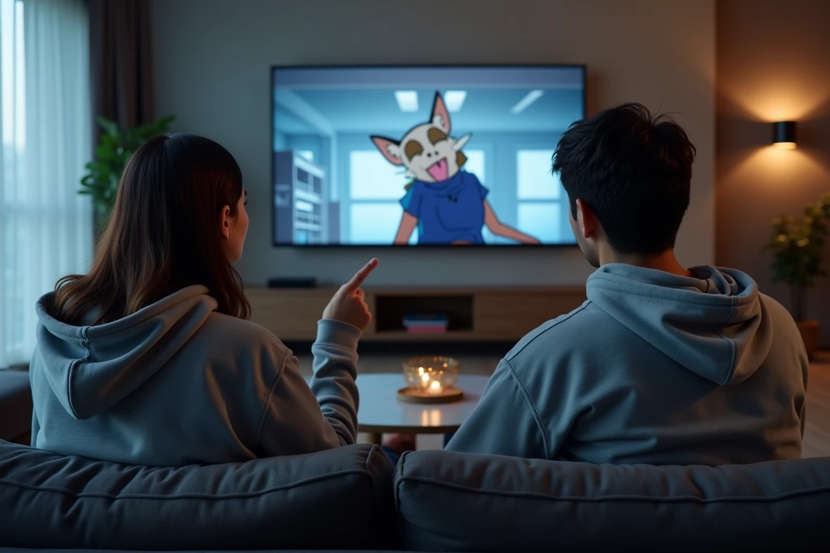 Deux fans de Dragon Ball Super discutant du personnage Hit devant un épisode en pause sur leur télévision