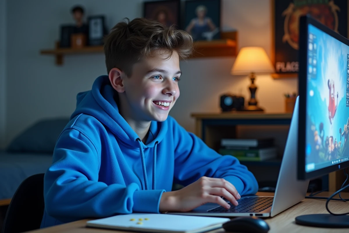 Jeune adulte avec un setup gaming modeste dans une chambre d'étudiant, illustrant le farming kamas à bas niveau dans le Royaume d'Encre