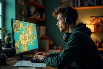 Joueur de jeu vidéo fantasy penché sur son bureau avec une carte de donjon et un écran affichant un monde médiéval fantastique aux couleurs riches