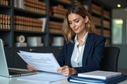 Femme d'affaires examine documents RGPD dans un bureau