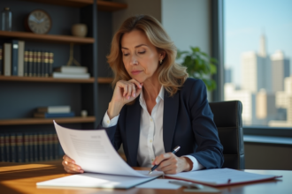Femme d affaires examine un contrat de location dans un bureau lumineux