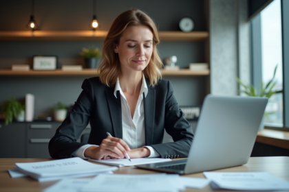 Femme d affaires en bureau examinant des documents de prêt immobilier
