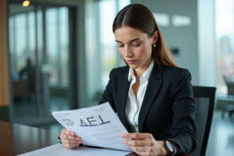 Femme d'affaires examinant des documents financiers dans un bureau moderne
