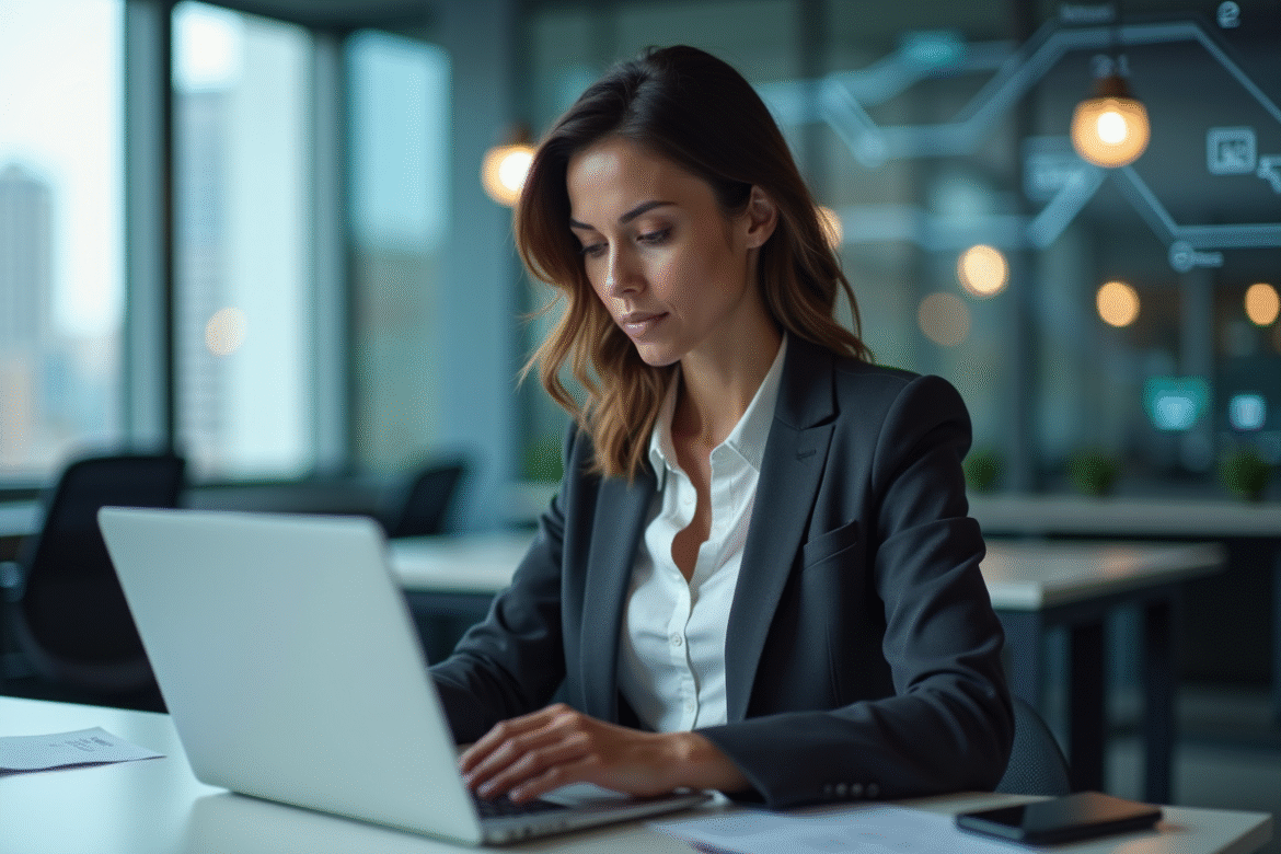 Femme d affaires en bureau moderne avec ordinateur et smartphone