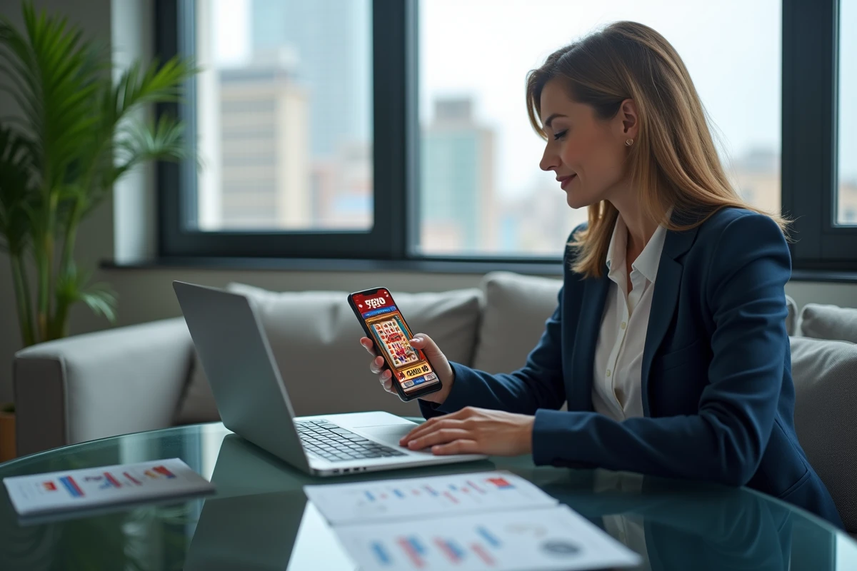 Femme analysant ses statistiques de jeu en ligne sur smartphone et ordinateur portable dans un appartement moderne