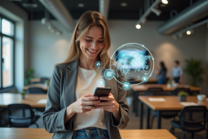 Femme utilisant la réalité augmentée dans un espace de coworking