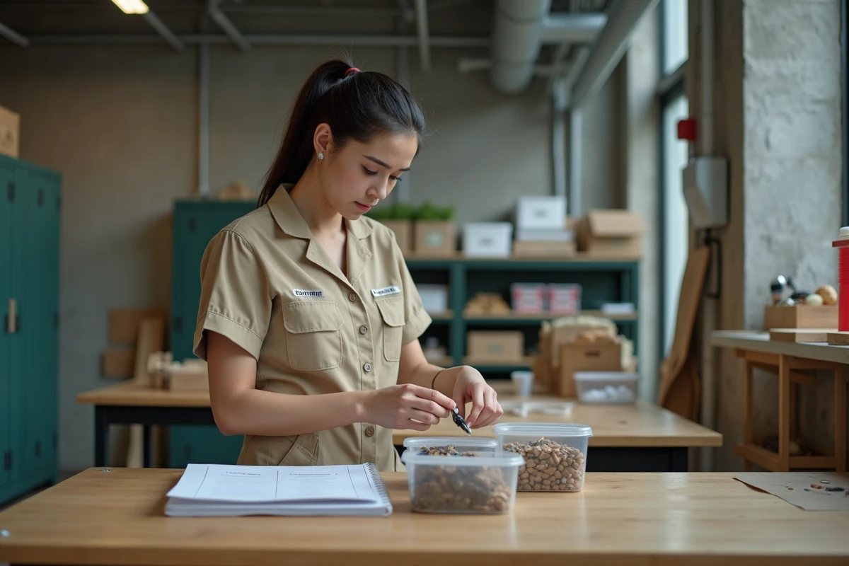 Jeune femme trie de petites pièces dans un atelier industriel