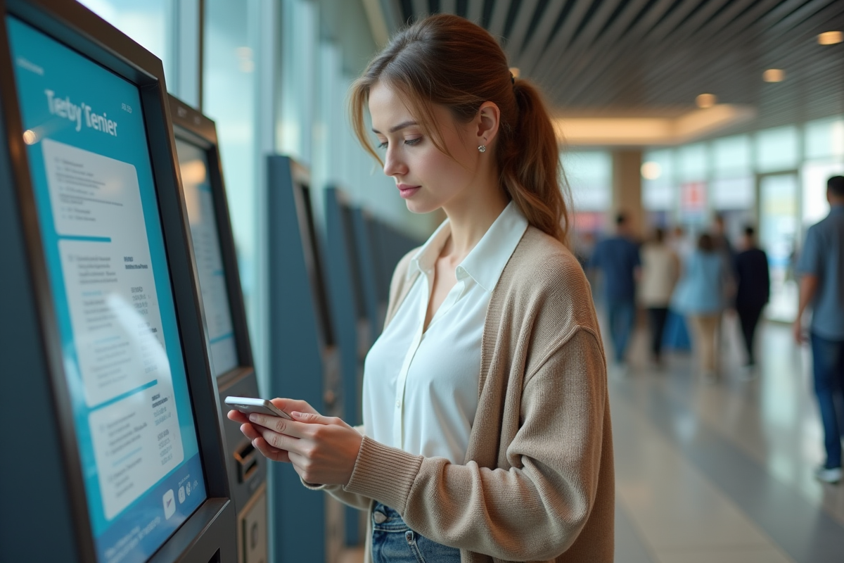 Jeune femme utilisant un distributeur automatique dans une banque