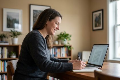 Femme concentrée travaillant à son bureau à domicile