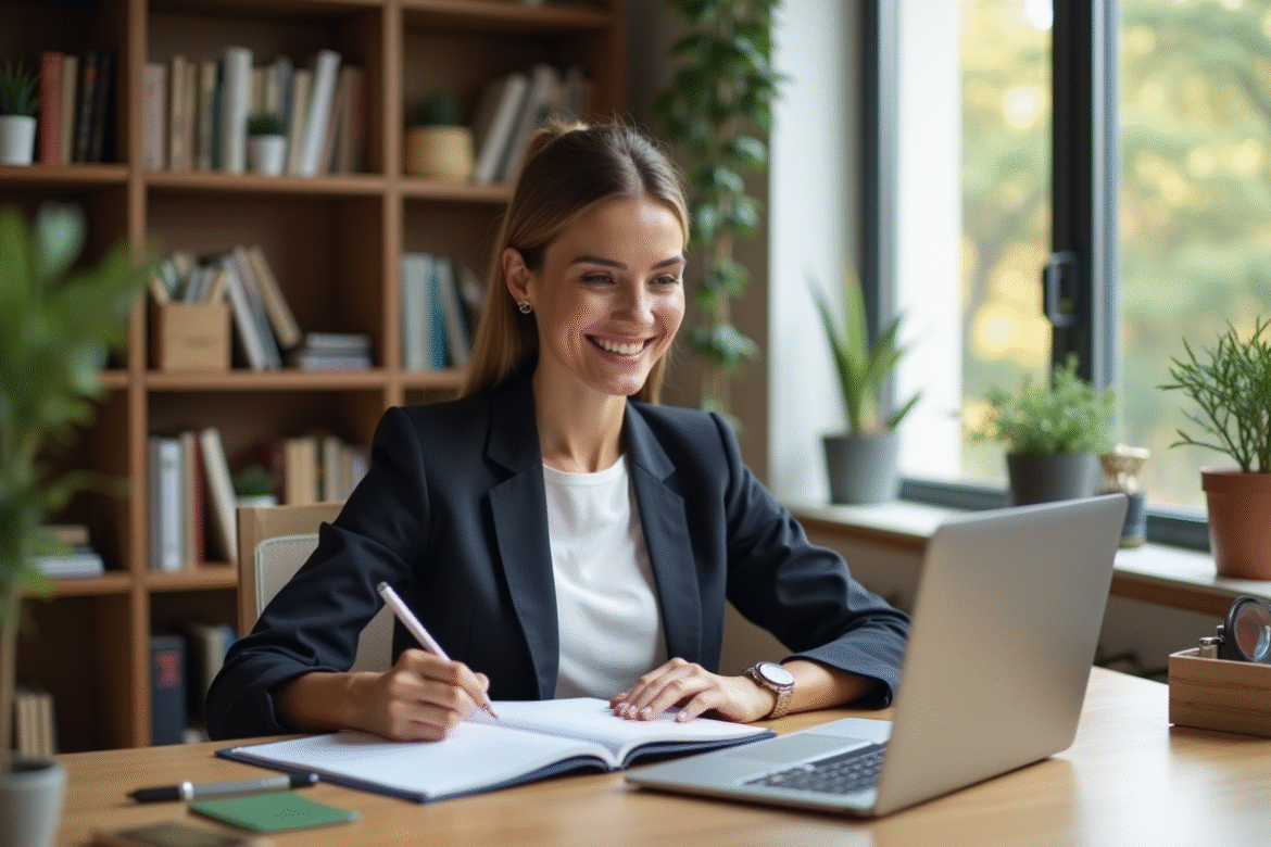 Femme confiante en bureau à domicile pour article titre