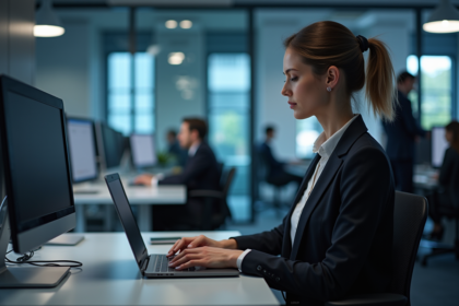 Femme en costume travaillant sur un laptop dans un bureau hightech