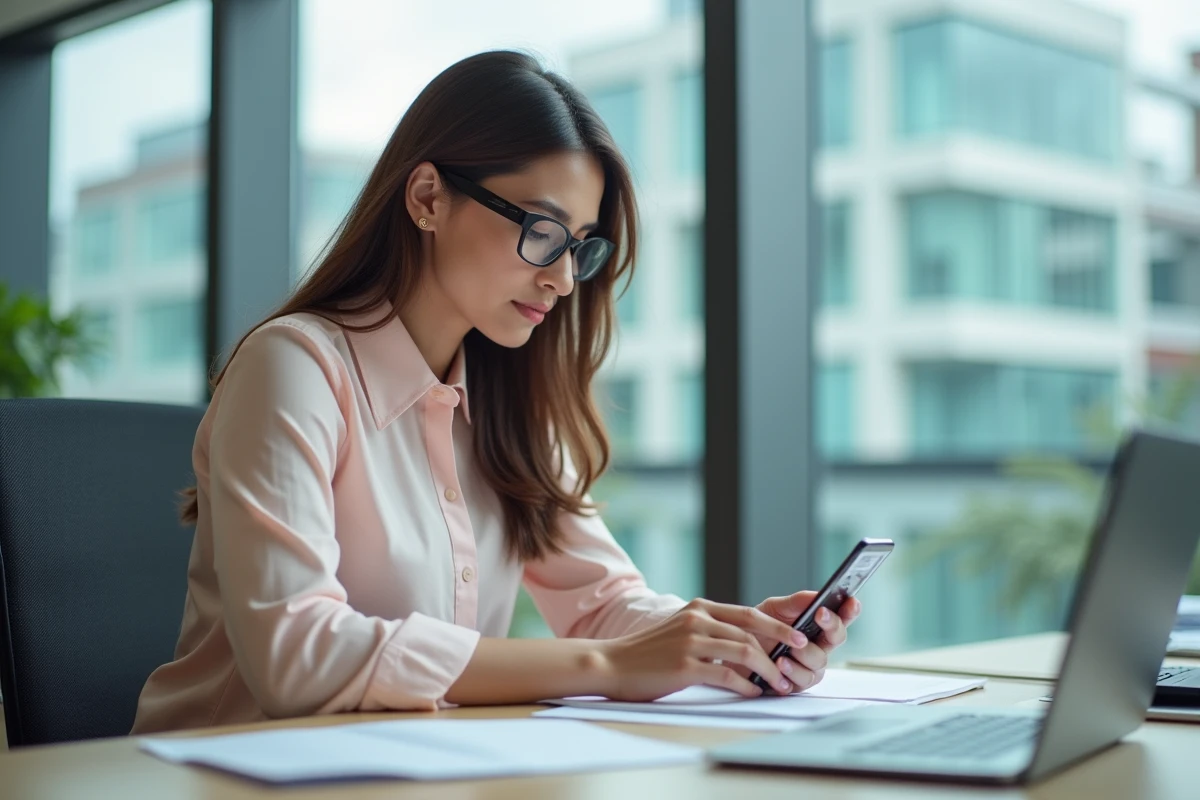 Femme professionnelle tapant un sondage WhatsApp au bureau