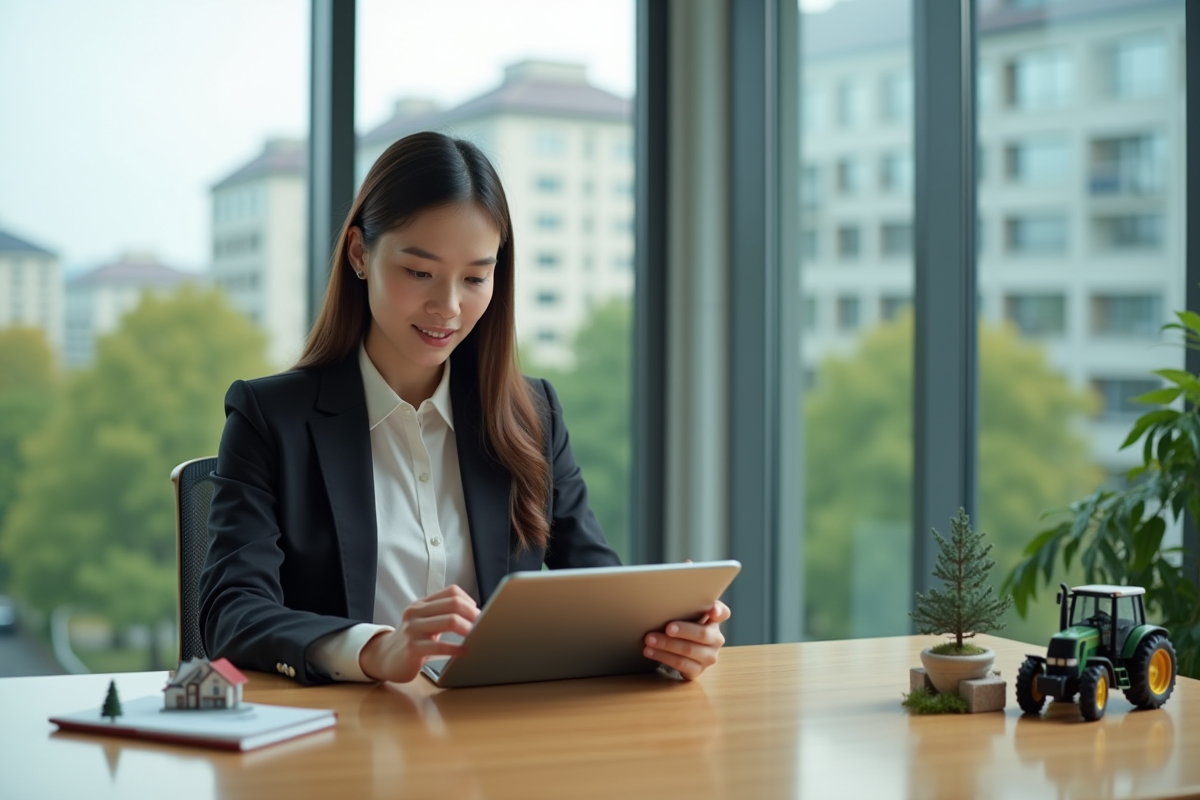 Jeune femme en bureau étudiant une tablette avec objets symboliques