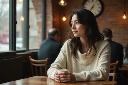 Femme contemplative dans un café regardant une horloge affichant 10h10, symbolisant la connexion flamme jumelle