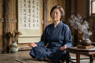 Femme chinoise d'âge mûr en méditation dans une maison de thé traditionnelle avec un rouleau de calligraphie en arrière-plan, illustrant la sagesse et la gestion des émotions