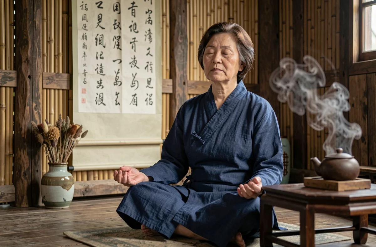 Femme chinoise d'âge mûr en méditation dans une maison de thé traditionnelle avec un rouleau de calligraphie en arrière-plan, illustrant la sagesse et la gestion des émotions