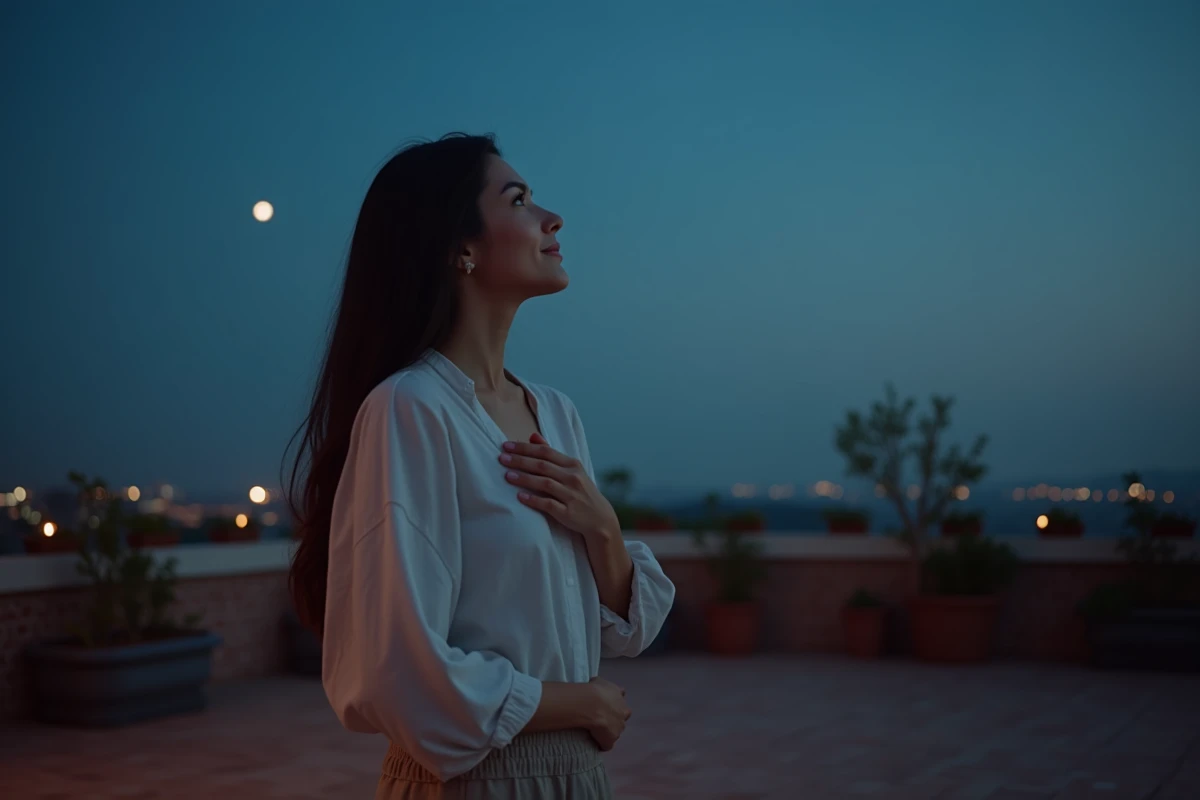 Femme seule sur une terrasse contemplant le ciel étoilé à 22h55, main sur le cœur, en connexion spirituelle avec sa flamme jumelle et l'univers