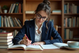 Femme corrigeant une grammaire française avec un stylo rouge, entourée de livres de conjugaison et de grammaire