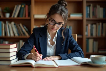Femme corrigeant une grammaire française avec un stylo rouge, entourée de livres de conjugaison et de grammaire
